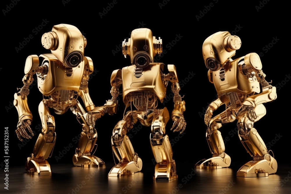 group of shiny gold robots standing together in a futuristic setting. Generative AI