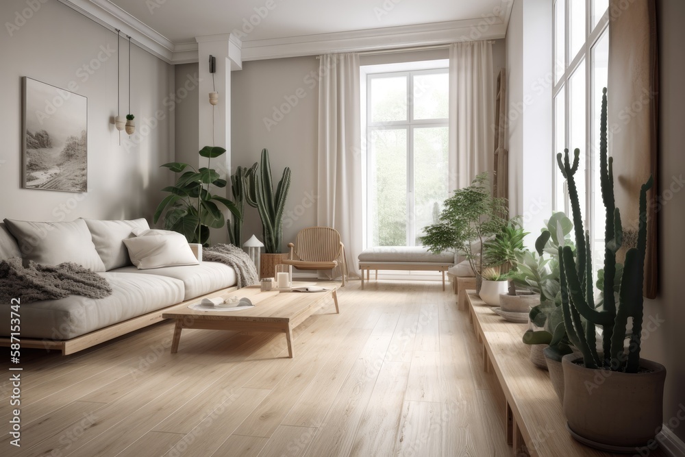 Contemporary white and beige bleached hardwood living room. Fabric couch, parquet floor, window, and