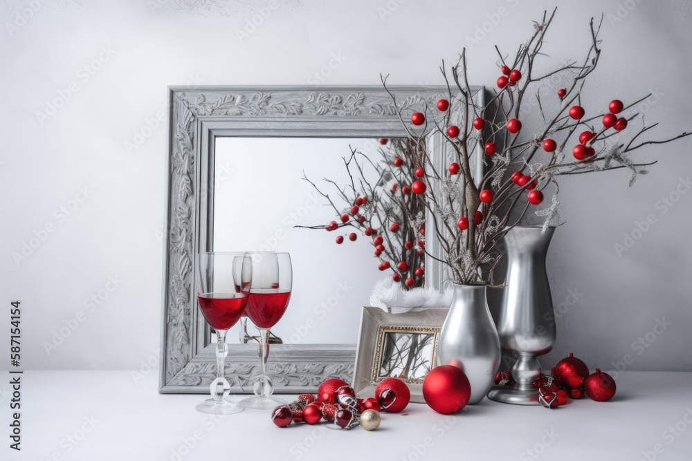 beautiful still life decorated for Christmas. Ceramic plate with Christmas ornaments, empty picture 