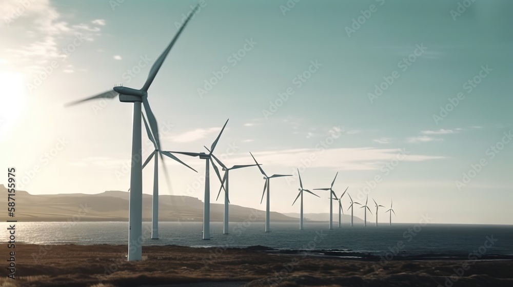 Windmill farm on the ocean shore, windmills on a sunny day. Generative AI