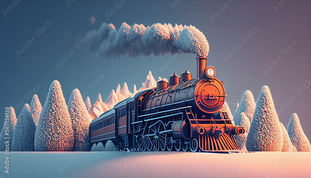 minimalist background with steam train in the winter. Generative AI