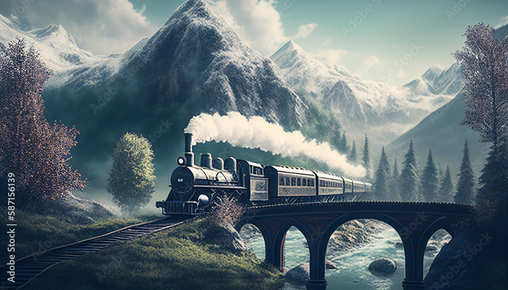 minimalist background with steam train on the bridge. Generative AI