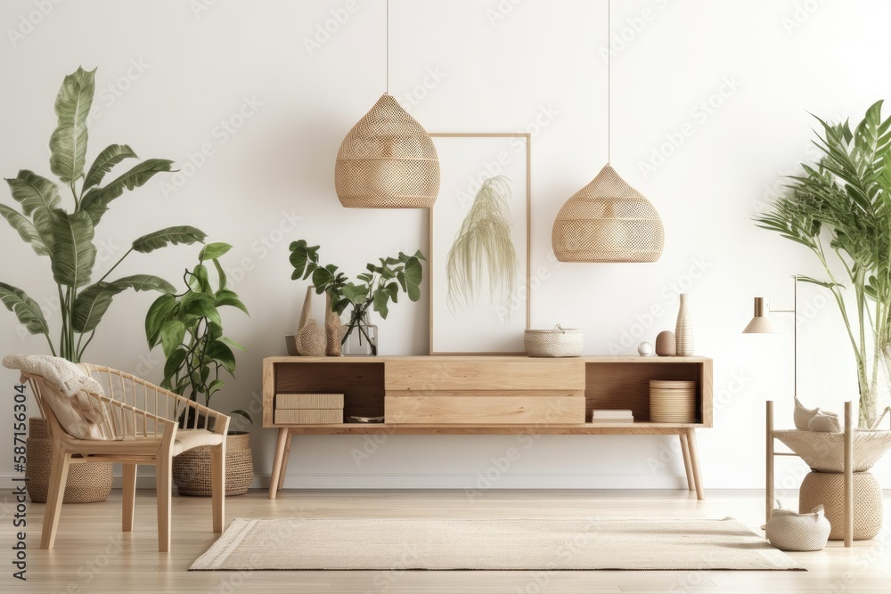 Minimalist interior wall mockup with wooden slat sideboard, green plants, and light on blank white b