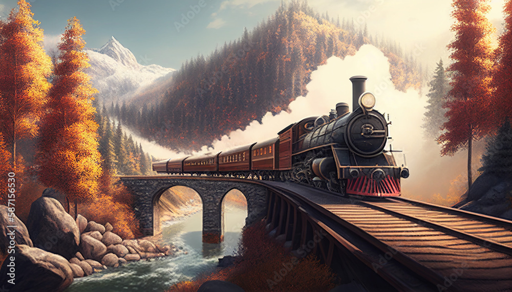 steam train on the bridge of mountainous area. Generative AI