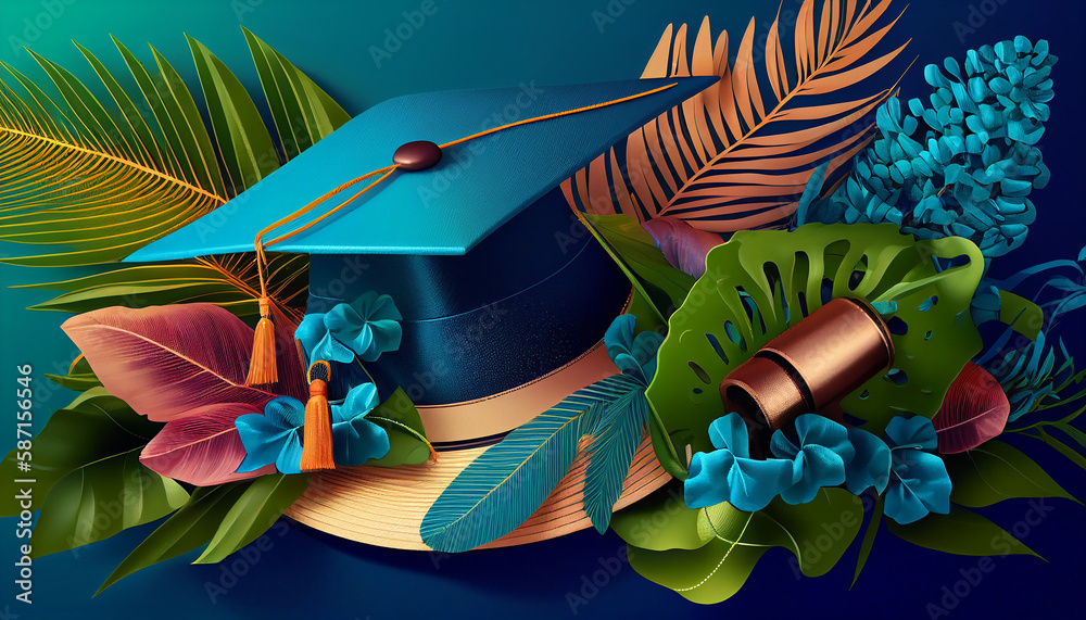 Tropical Graduation Background with Caps and Diploma. Generative AI