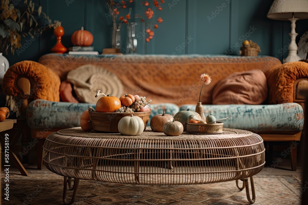 Vintage living room closeup. Sofa, autumn themed rattan table. Boho chic, autumn decor,. Generative 