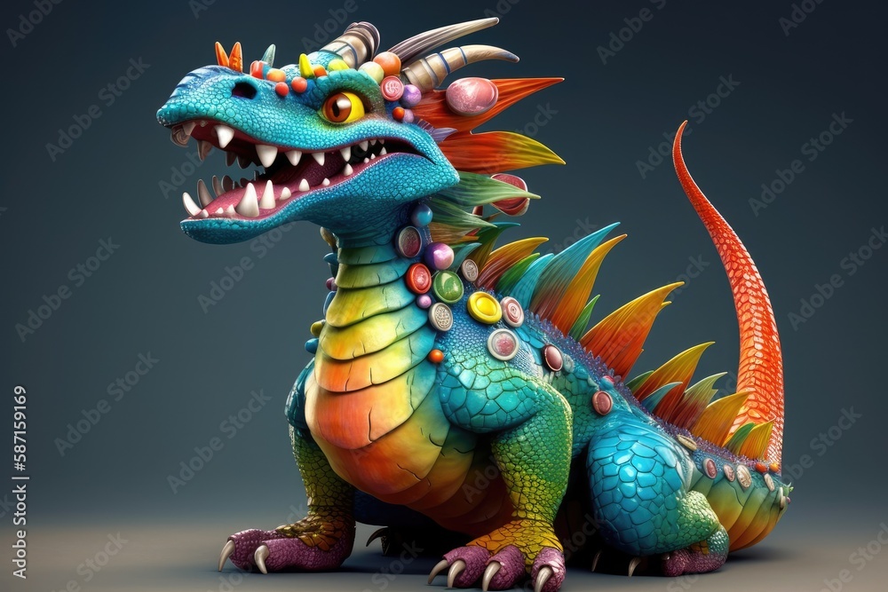 fierce dragon with green and orange scales and large horns. Generative AI