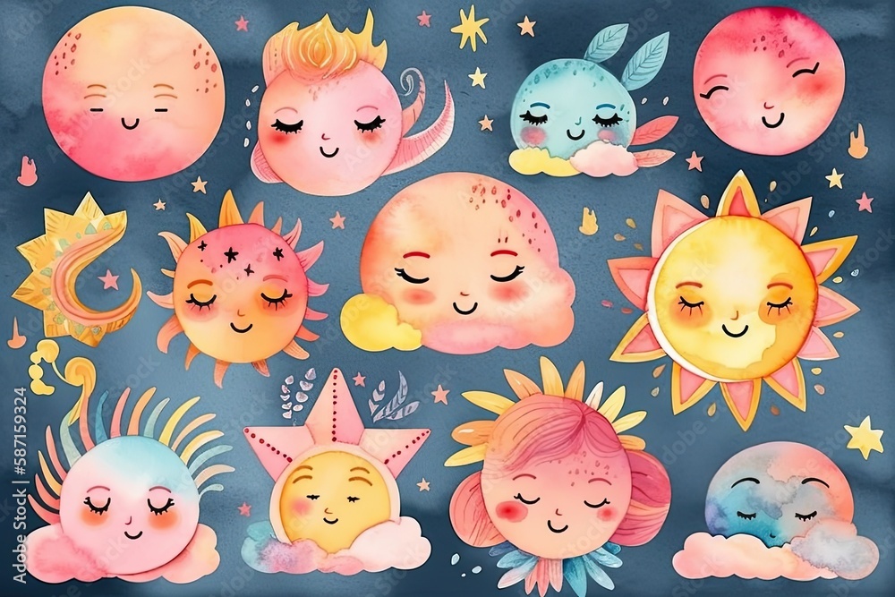 Watercolor boho clipart for nursery decorating with adorable rainbows, moon, sun, clouds. Modern art