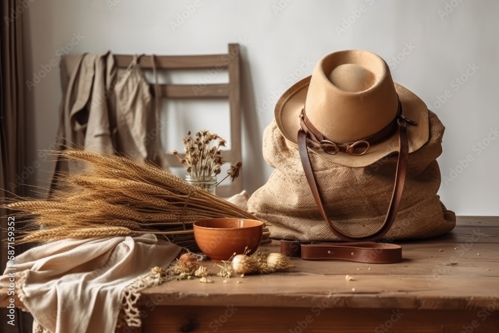 A straw brown bag with a wheat and spikelet bouquet and a white straw womens hat with wooden beads 