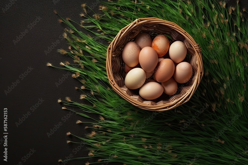 basket full of fresh eggs on a green meadow. Generative AI