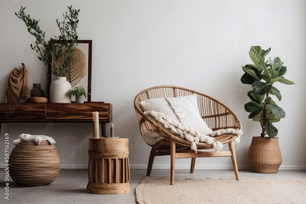 Loft with white cushion in wicked basket beside wooden chair and home décor on side table. Elegant l