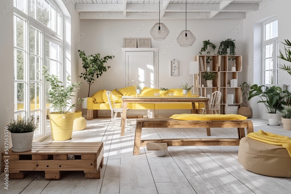 White and yellow wooden farmhouse living and dining room. Cloth couch, table, chairs, and décor. Mod