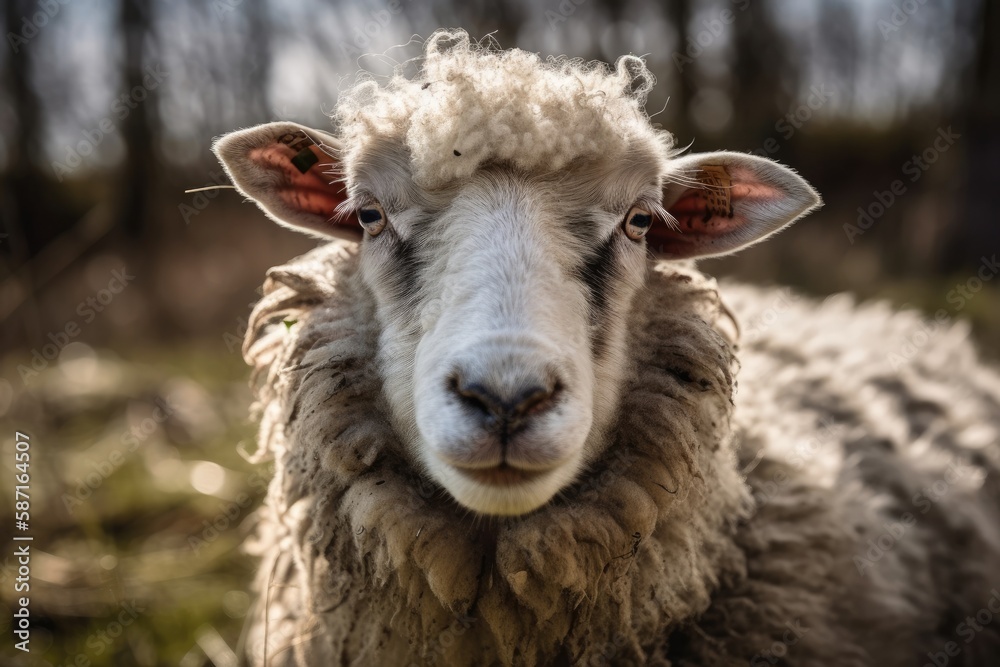 A cute and inquisitive sheep from Slovakia with a splotchy head is pictured in a portrait on a sunny