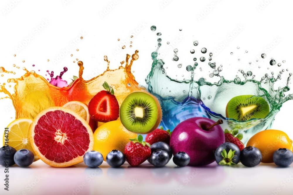 Fruit collection with rainbow colored juice splashes and slices, representing a healthy food and bev