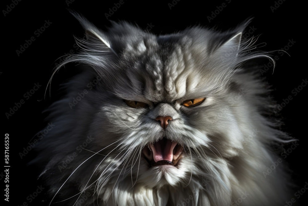 Close up of a beautiful, fluffy, grey Persian cats face while yawning, with details of teeth. Gener