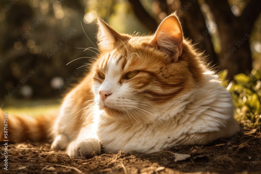 On the ground on the lush grass beneath the tree, a ginger and white fluffy cat is dozing. Generativ