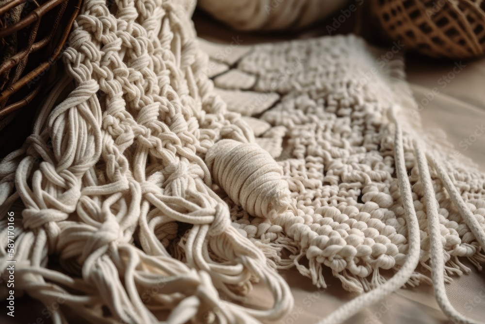 Handmade macrame texture close up. Eco friendly contemporary knitting DIY natural home decorating. F