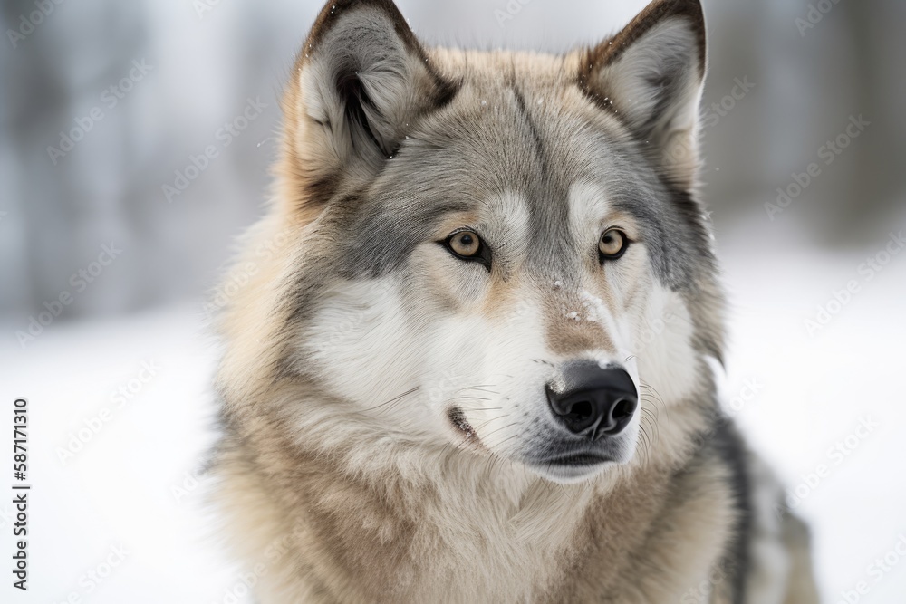 Winter portrait of a timber wolf. Generative AI