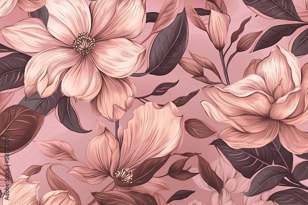 pink and brown floral wallpaper with leaves and flowers. Generative AI