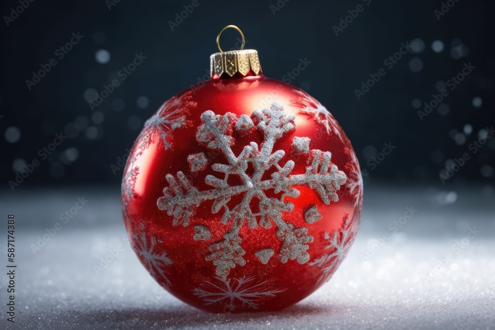 red holiday ornament with intricate snowflake design. Generative AI