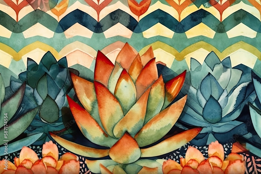 beautiful waterlily flower against a geometric chevron background. Generative AI