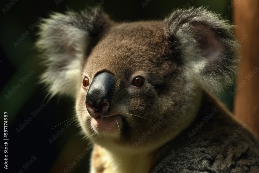 cute and fuzzy koala resting on a eucalyptus tree branch. Generative AI