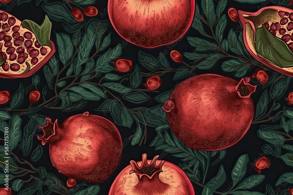 pomegranates and leaves on a black background. Generative AI