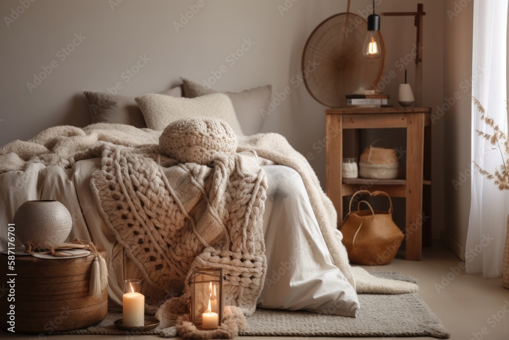 Boho bedroom with lamp on wooden stool next to bed, cotton balls, and knit blanket. Generative AI