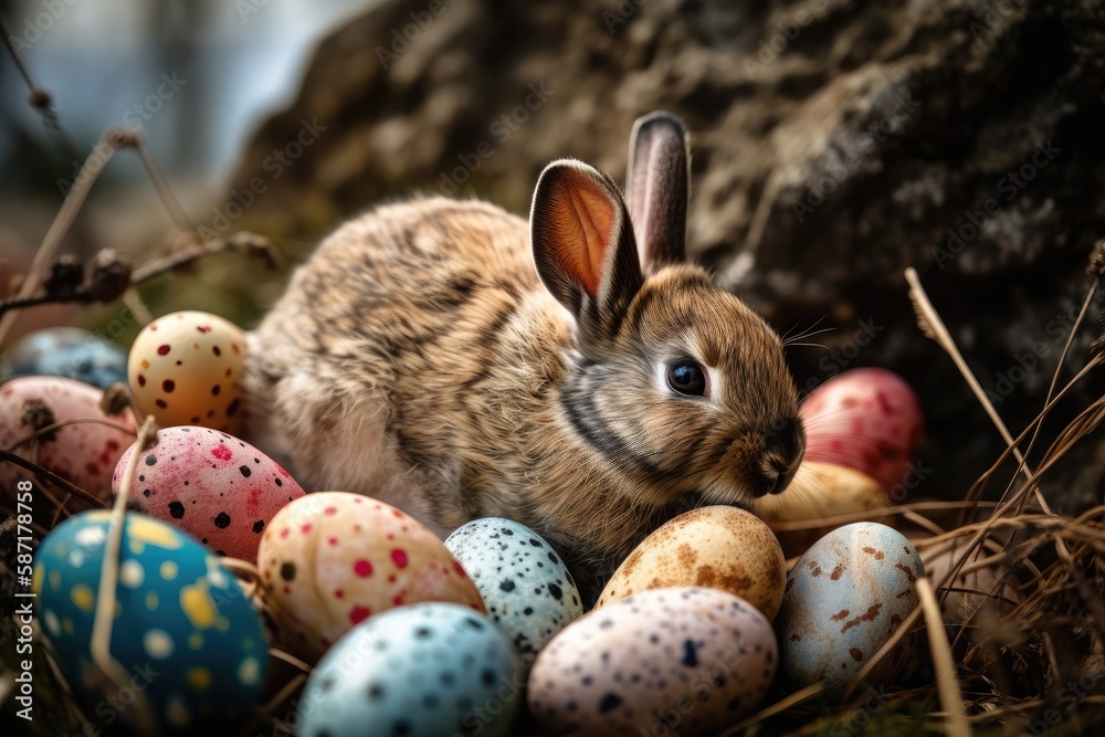 cute rabbit surrounded by colorful Easter eggs. Generative AI