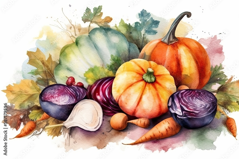 colorful vegetables and pumpkins painted in watercolor. Generative AI