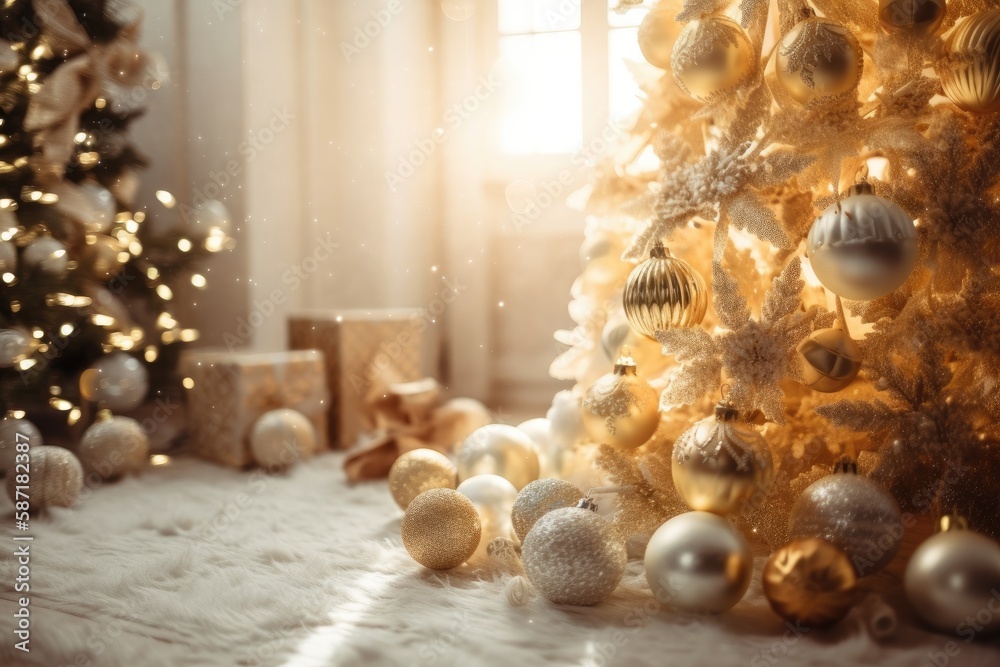 Christmas tree with lights and ornaments on a gold toy background. Generative AI