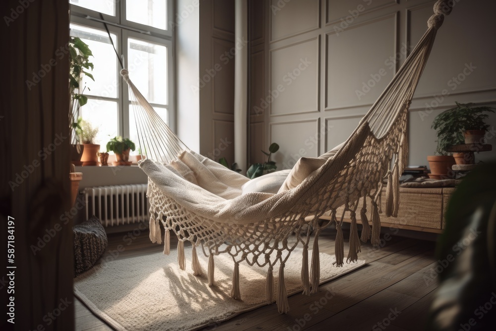 Pillow filled hammock in trendy room. Decor. Generative AI