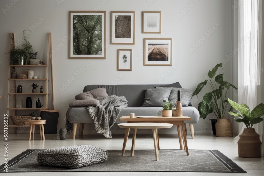 Minimalist living room with gray couch, wooden cube, plaid, cushions, imitation poster frame, and st