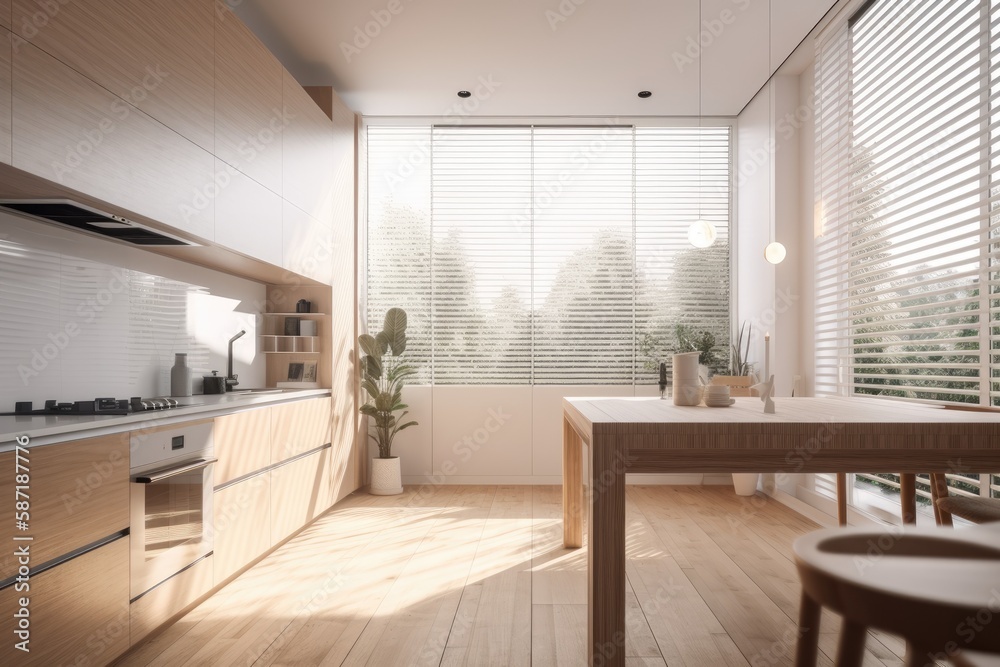 Close up of a wooden panel, modern kitchen with a large window, and parquet flooring. Zen inspired m