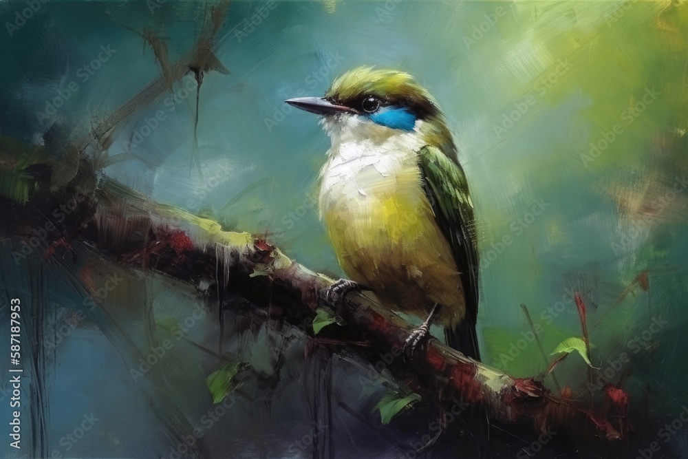 colorful bird perched on a tree branch. Generative AI