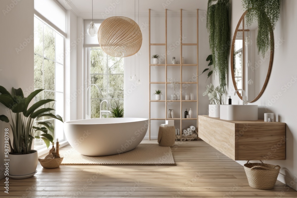 Elegant bathroom with white and beige walls, white basin with oval mirror, bathtub, shower, plants, 