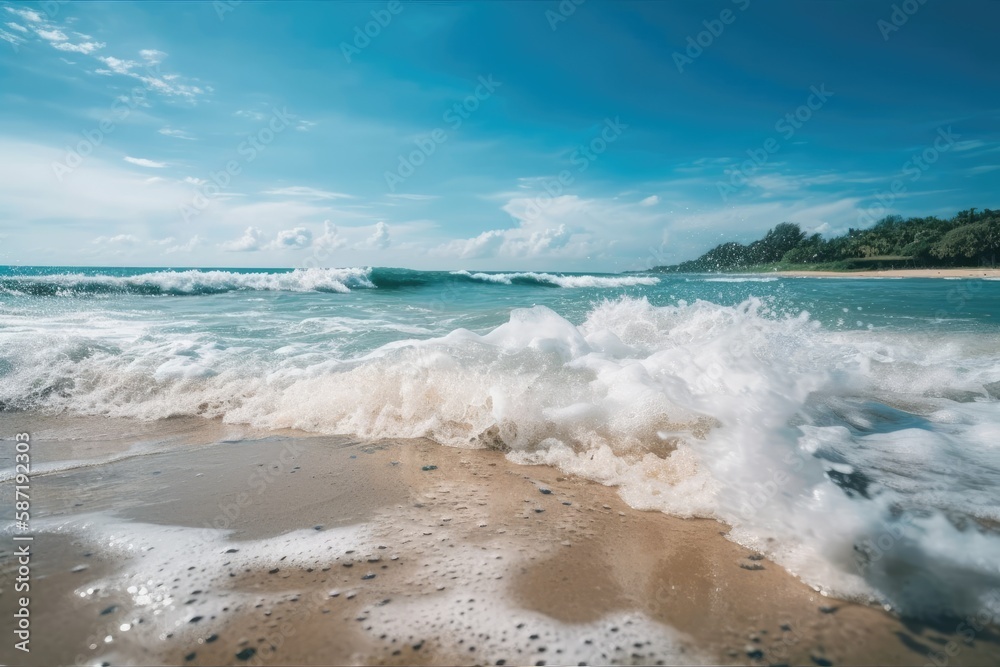 Water Ocean with White Cloud Blue Sky Seascape, Beautiful Wave Pile Sand Tropical, for Tourism Vacat