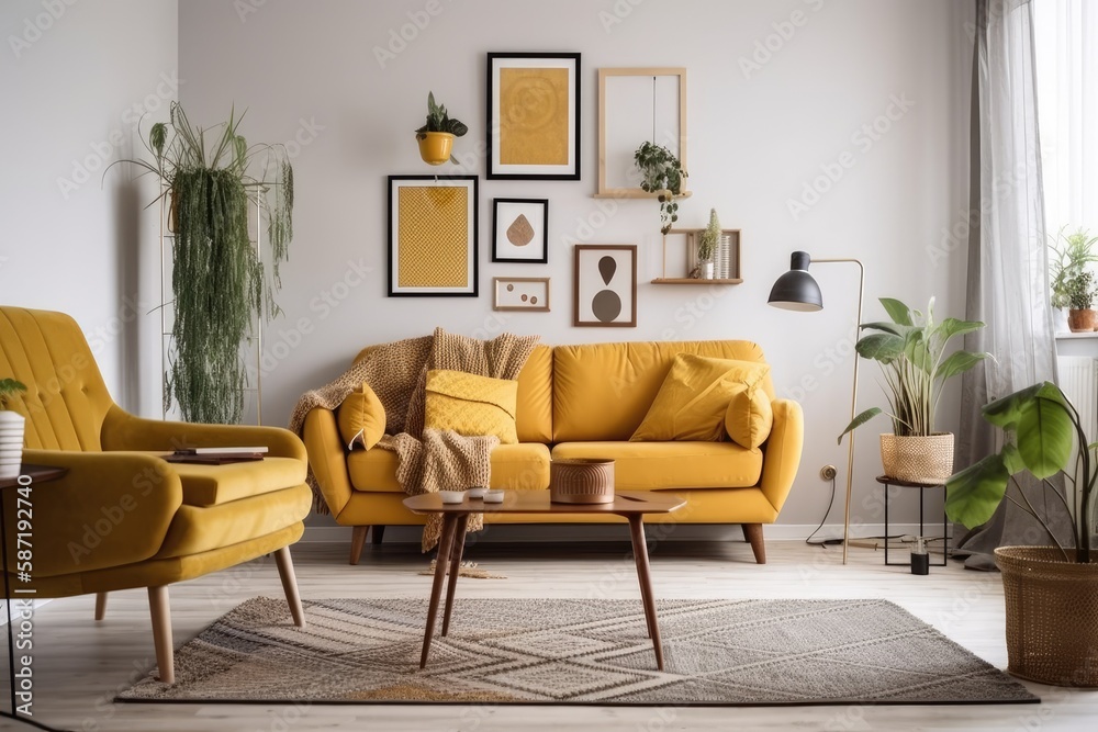 Vintage and scandi living room with yellow couch, faux poster frame, coffee table, plants, commode, 