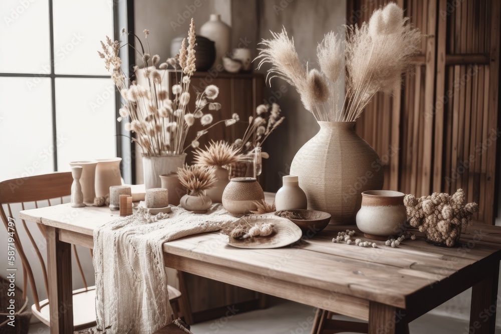 Bohemian dining room with wooden table and ceramic vases with cotton flowers. Generative AI