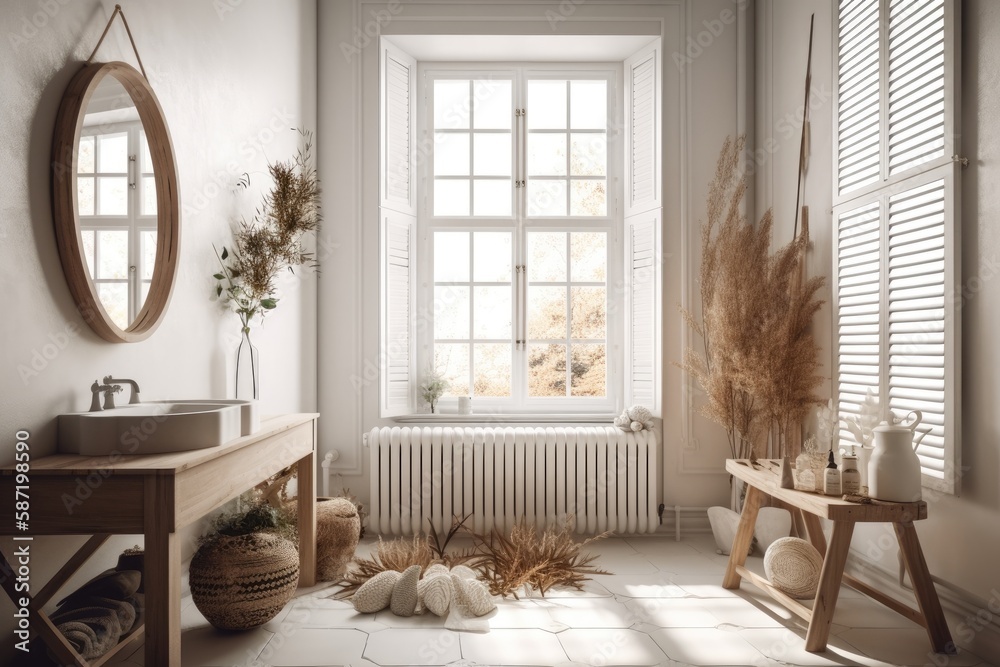 over the minimalist bathroom in the classic flat, windows with shutters, dry plants, ornament, ears,