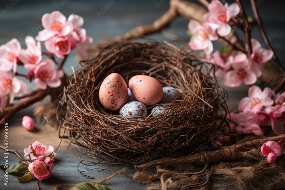 bird nest with three colorful eggs inside. Generative AI