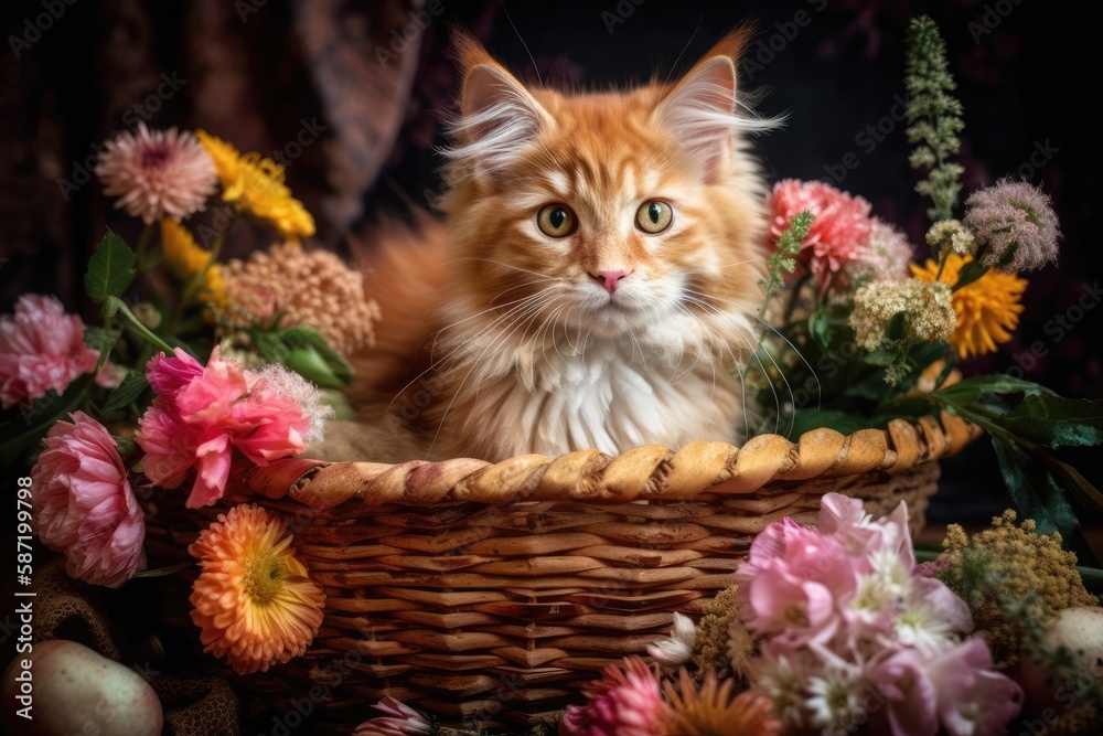 Adorable kitty in a basket with flowers. Generative AI