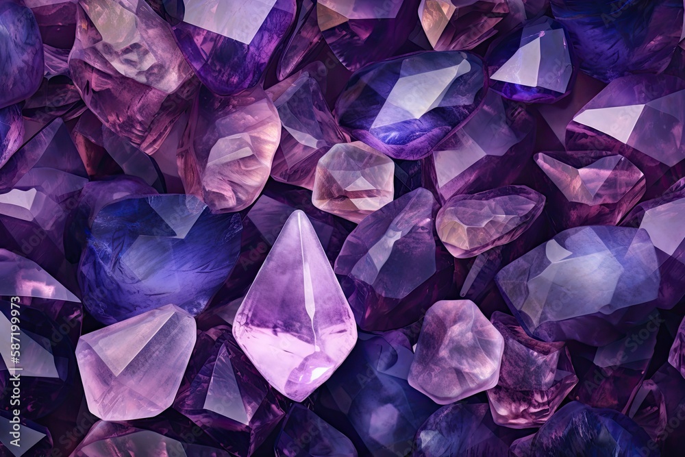 scattered collection of purple crystals. Generative AI