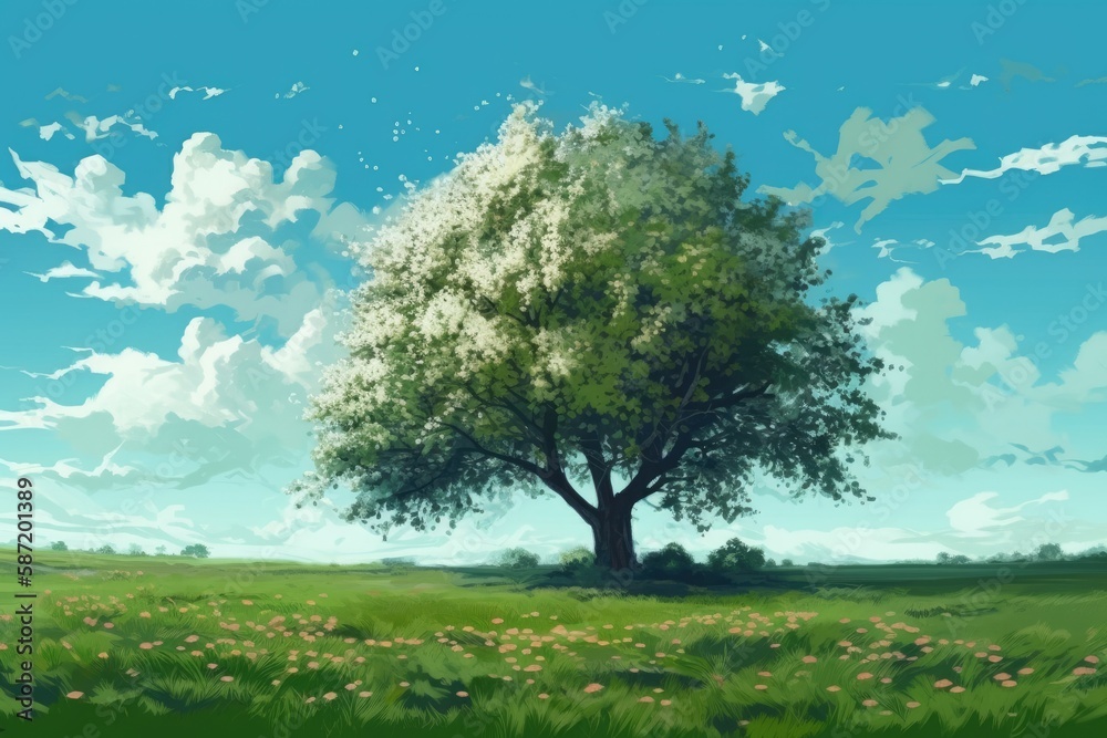 majestic tree standing alone in a vast green field. Generative AI