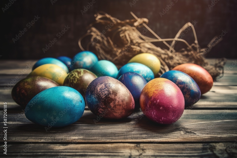 colorful Easter eggs arranged on a wooden table. Generative AI