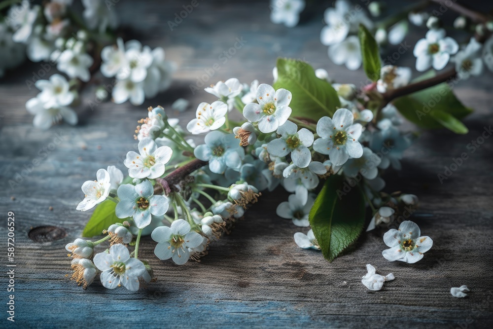 Spring blossoms on rustic backdrop. Remember myosotis petals. Rural life, house decor. Generative AI