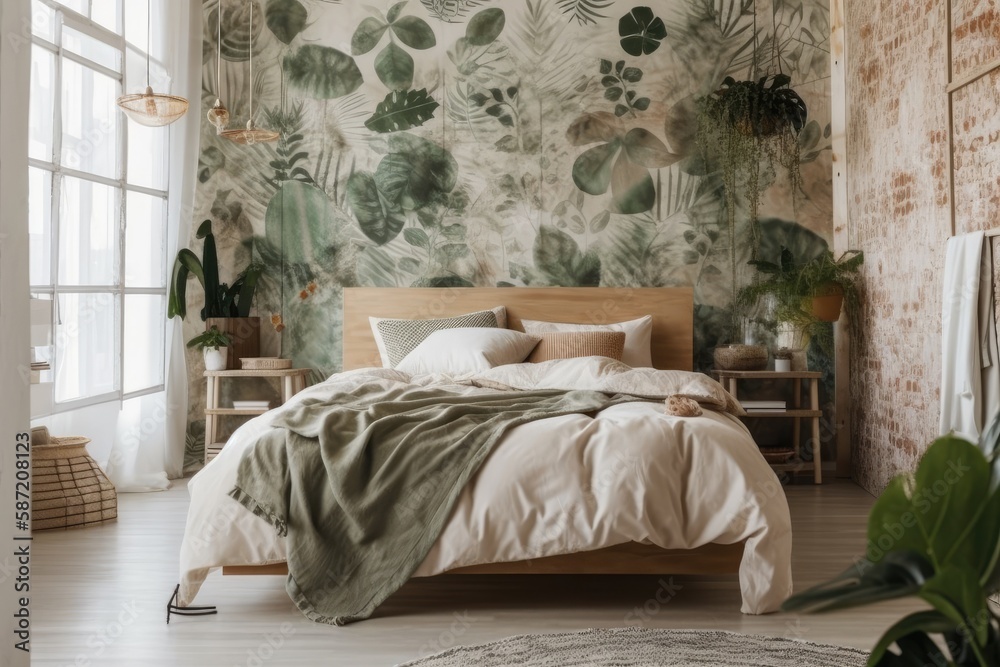 Comfortable white bed, book covered wall, and house plant. Bright boho trendy bedroom morning. Scand