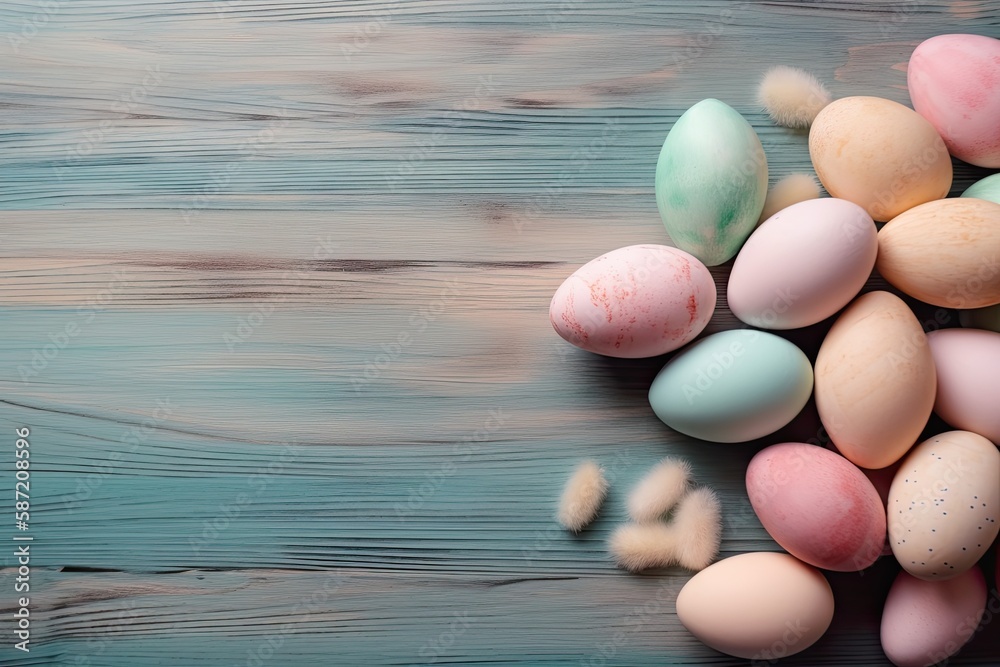 stack of fresh eggs on a rustic wooden table. Generative AI