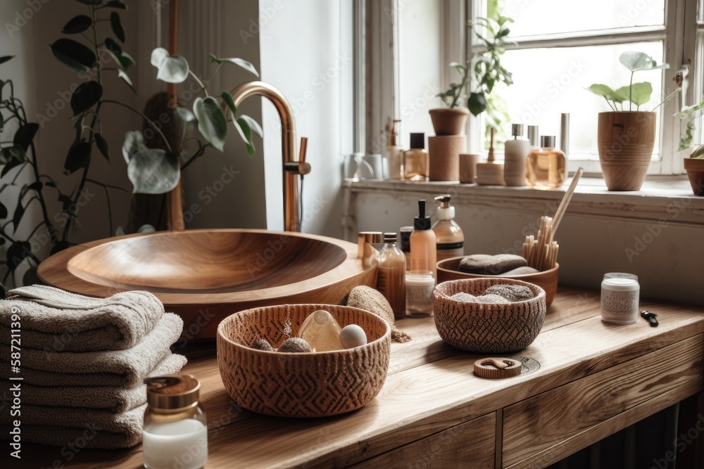 Boho chic bathroom. Soap, brushes, and oils are on the bathroom shelf. Generative AI