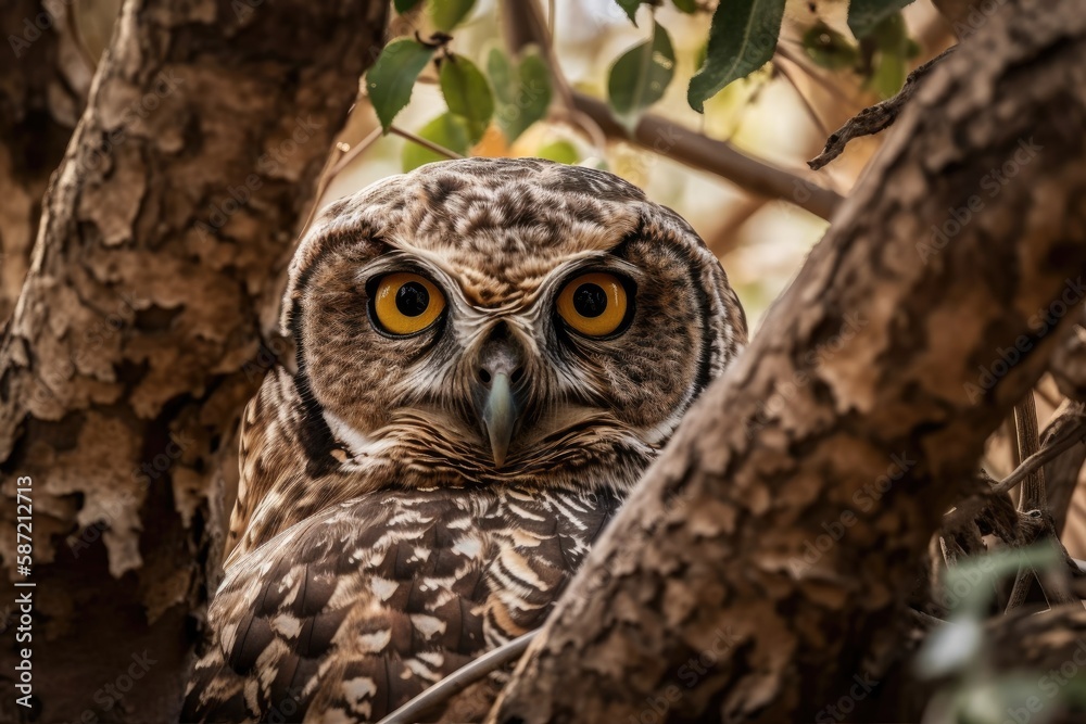 A spotted owl peeking out from under tree branches. Generative AI